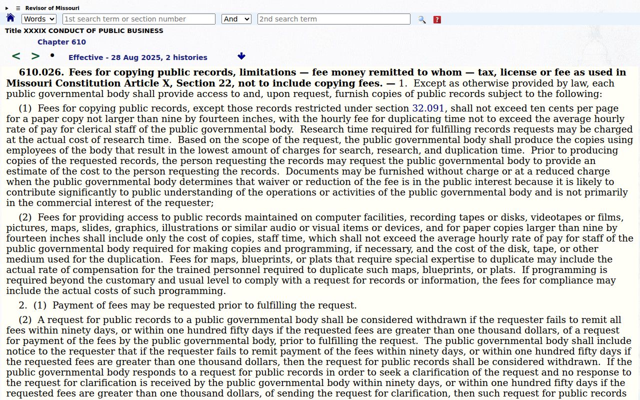 Missouri public-record fee statute