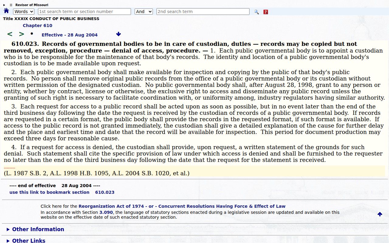 Missouri Sunshine Law request standard